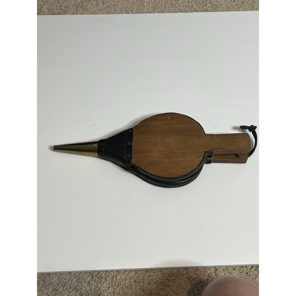 Vintage Fireplace Wood And Leather Bellow Hand Blower With Brass Nozzle